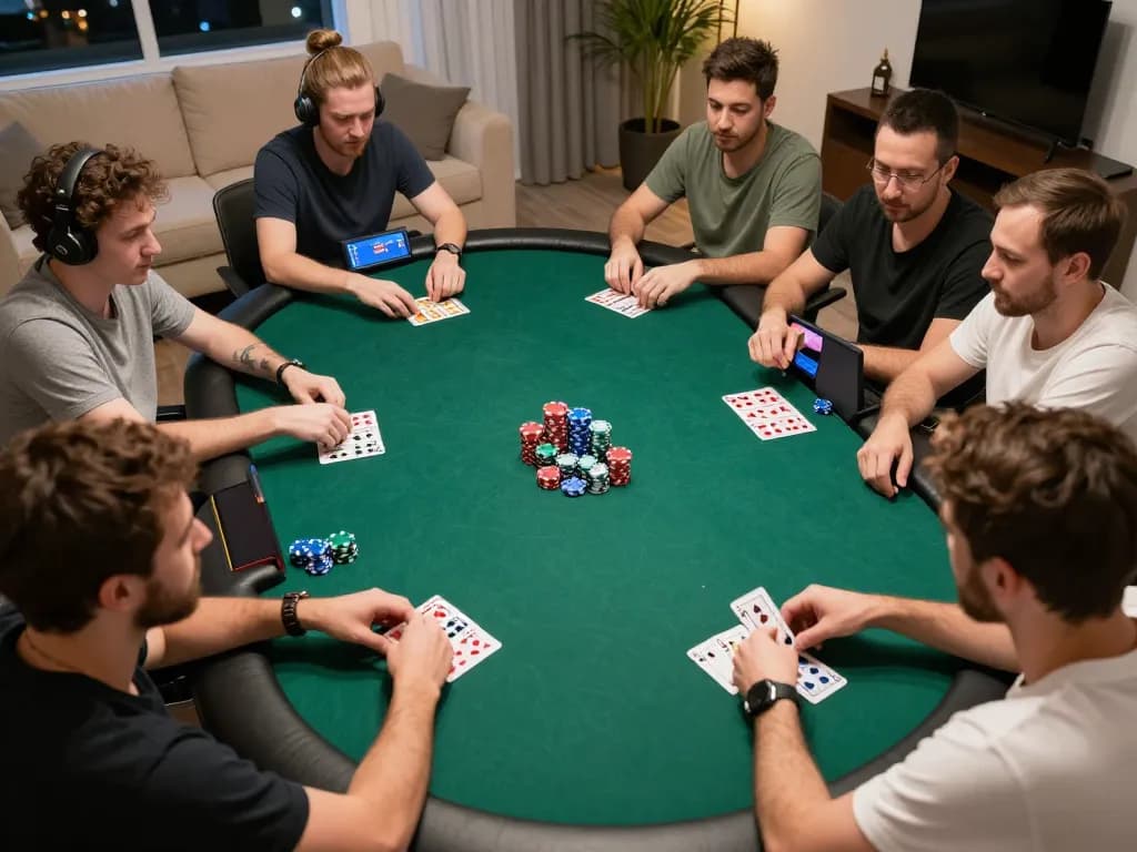 Players strategizing in an online poker game on go99com with winning cards and chips.