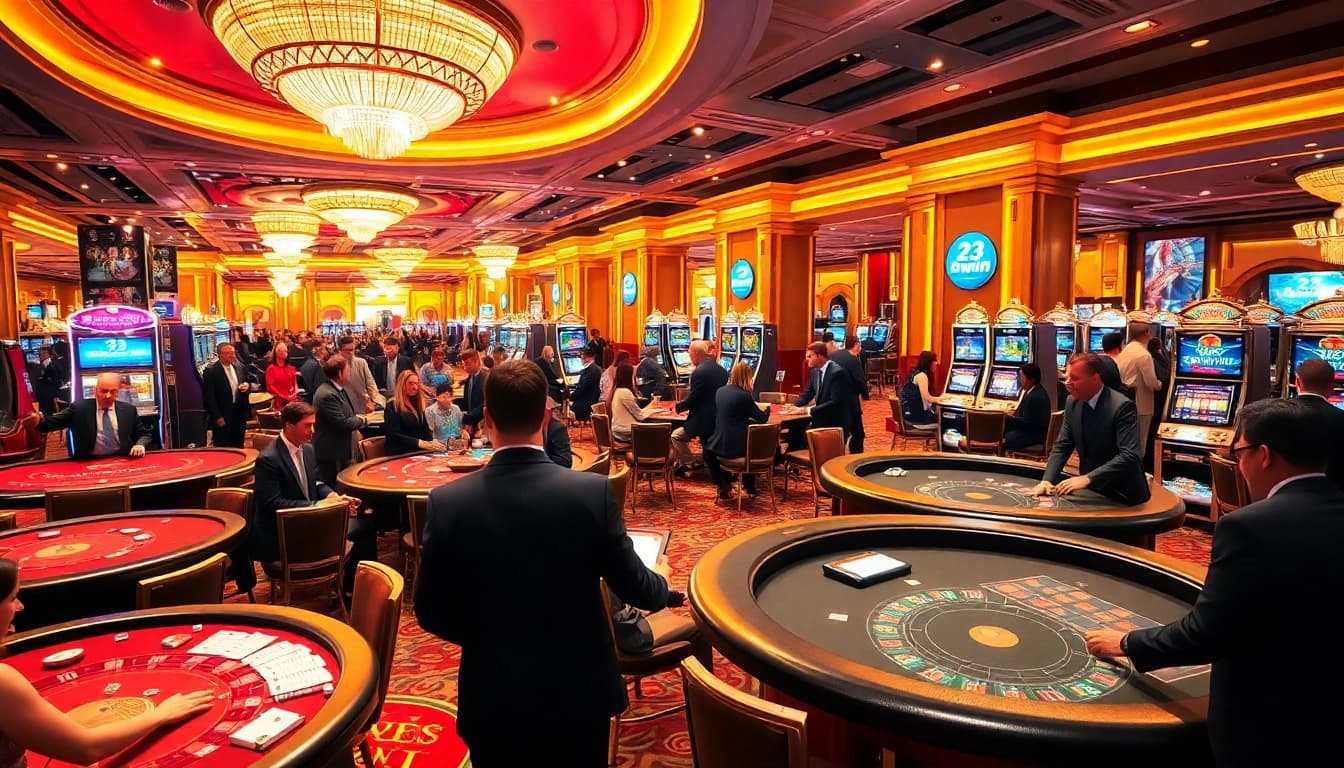 Excited players enjoying table games at the luxurious 23win casino, showcasing vibrant atmosphere.