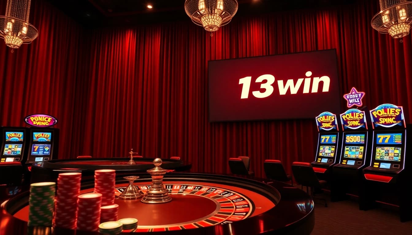Experience the thrill of 13win with vibrant casino visuals featuring roulette and slot machines.