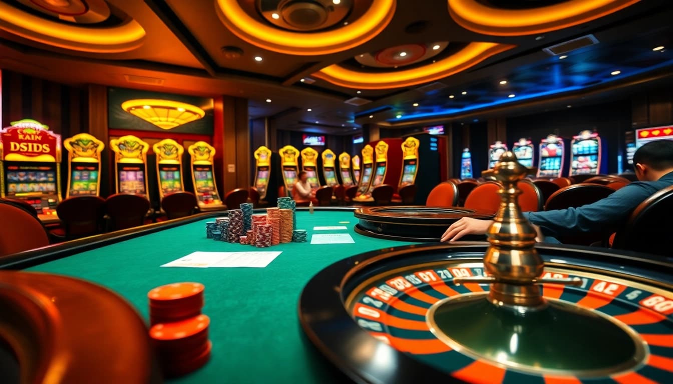 Experience high-stakes poker action at s8cz.com with colorful chips and a vibrant casino atmosphere.