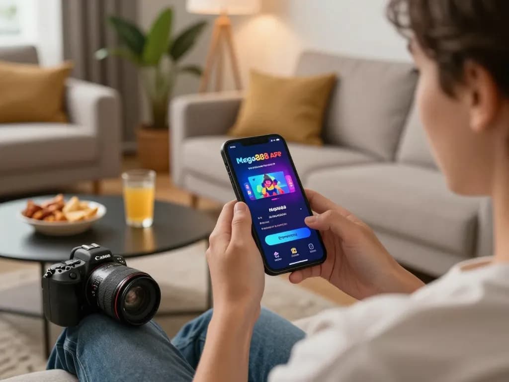 Downloading Mega888 APK for Android on a smartphone in a cozy home setting with engaging gaming atmosphere.