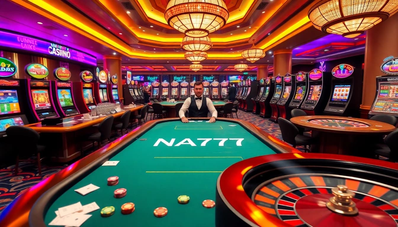Engaging gaming scene featuring NA777, with vibrant tables, excited players, and dynamic slot machines.