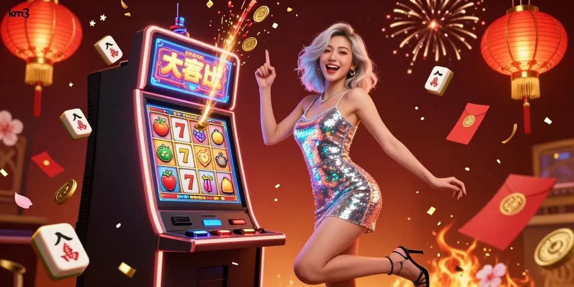 Excited player celebrates a jackpot at km3 casino with dynamic elements surrounding her.