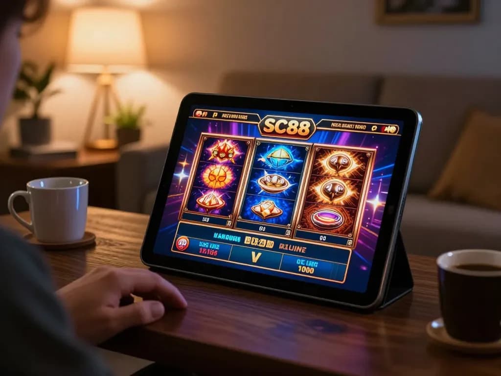 Player engaging with SC88's online casino on tablet, showcasing vibrant slot games and live dealer action