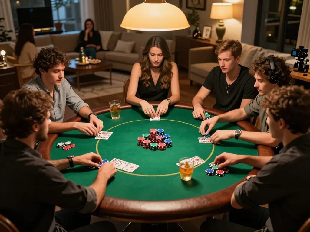 Action-packed poker night with friends, showcasing strategic gameplay with bdtk66 vibes at home.