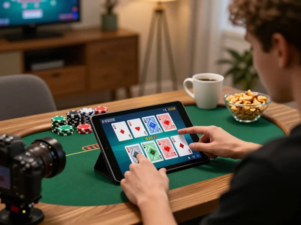 B52CLUB player strategizing during an online poker game, tablet screen showing colorful cards and stacks of chips in a cozy setting.