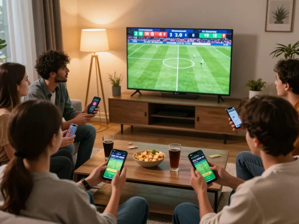 Cakhiatv enhances sports betting experience as friends strategize over a football match in a cozy living room.