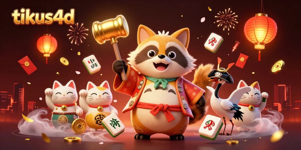 Experience the action of tikus4d with colorful maneki-neko and festive characters in a vibrant illustration.