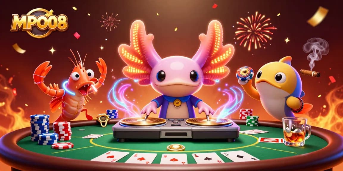 MPO08 brings excitement with a vibrant casino scene featuring colorful characters and poker action.
