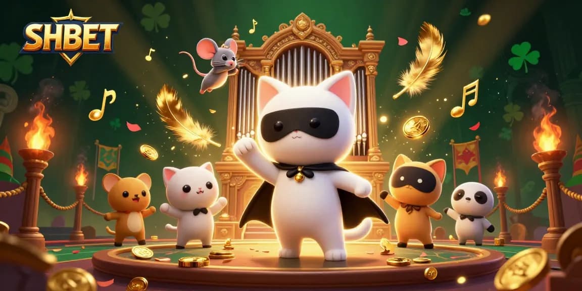 SHBET's vibrant casino scene depicting a whimsical white cat, enticing players with thrilling gaming elements