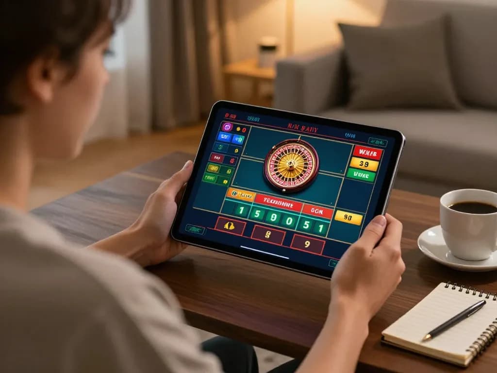 Person using bk8 tablet for live dealer gaming at home, showcasing interactive roulette interface.