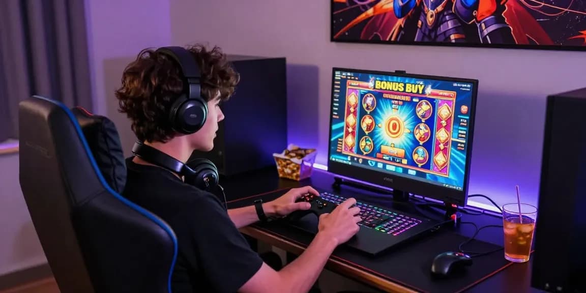 Player engaged in thrilling bonus buy slots session on a laptop, colorful graphics creating excitement in a cozy gaming setup
