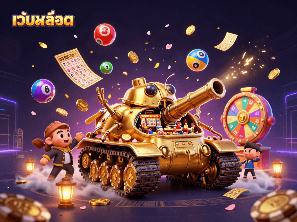 Experience เว็บสล็อต in an ultra-detailed 3D scene with vibrant casino elements and dynamic lottery action.