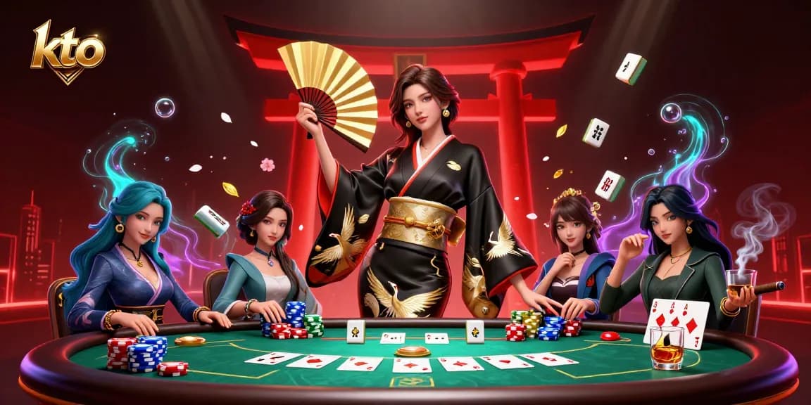 Experience exciting action at KTO Casino with dynamic poker scenes, elegant characters, and vibrant casino elements.