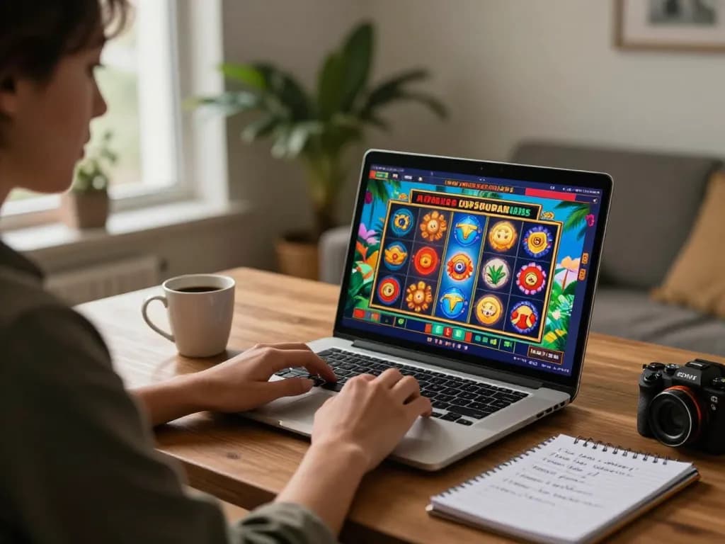 Engaging in Go99 online slot gaming at home, colorful reels spinning on laptop