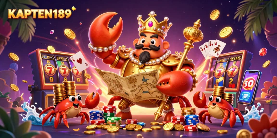 KAPTEN189 menampilkan ilustrasi karakter kepiting emas raksasa di dunia kasino dengan chip emas dan mesin slot.