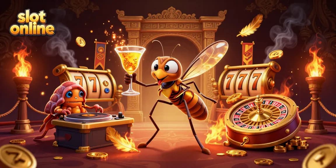 Spin the exciting slot online reels with a vibrant casino scene, featuring dynamic characters and elements.