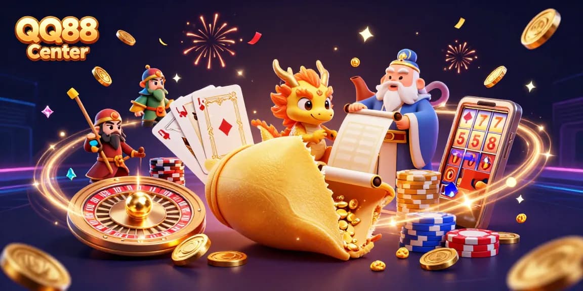 Engage in thrilling gaming at QQ88 Center with an illustration showcasing a dynamic casino scene.