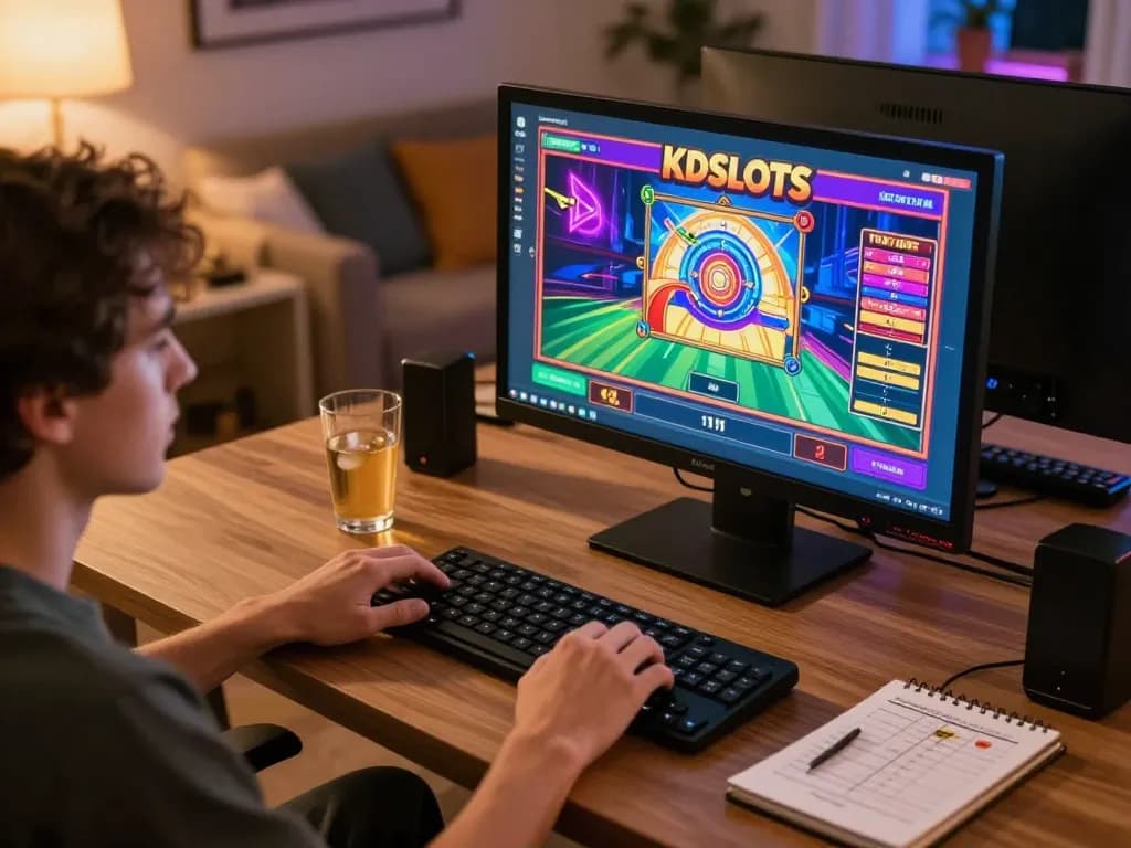 Engaging in a KDSLOTS online gaming session at home with vibrant visuals and a strategic atmosphere.