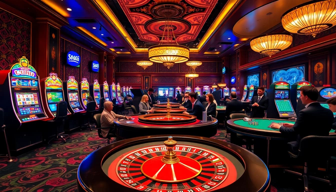 S666 casino players engaged in an exciting poker game with vibrant slot machines in the background.