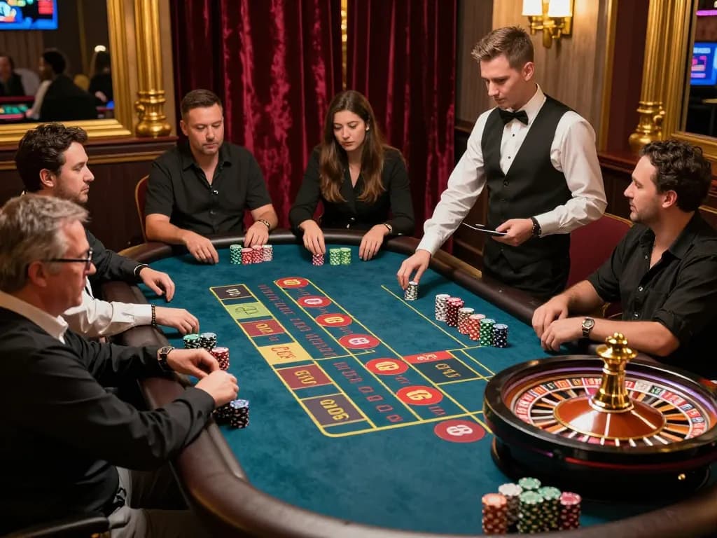 Players engage in strategic roulette betting at Jun88, celebrating their wins amidst a rich casino atmosphere.