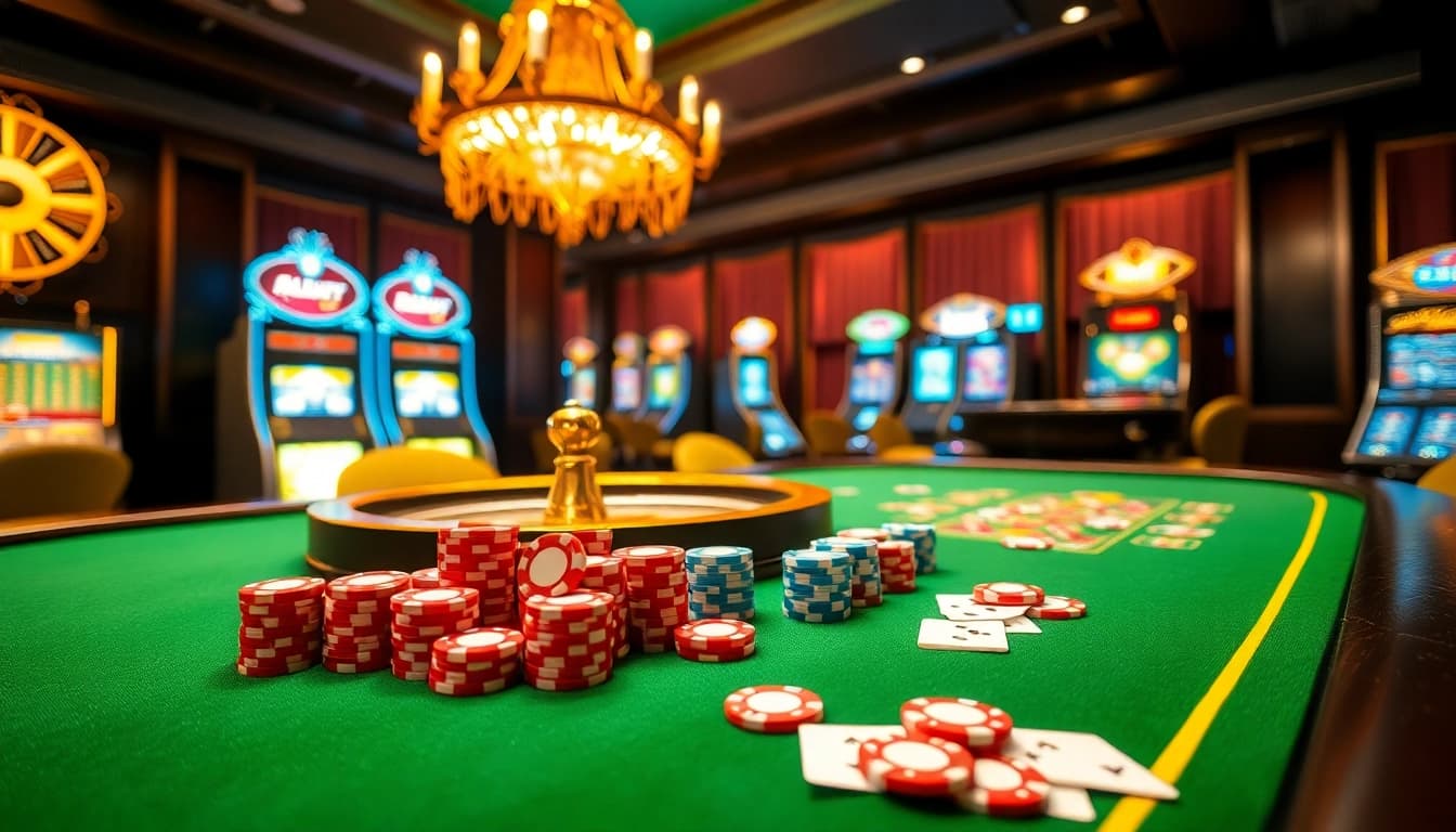 Experience high-stakes gambling at vz99 with vibrant poker chips and an opulent casino table.