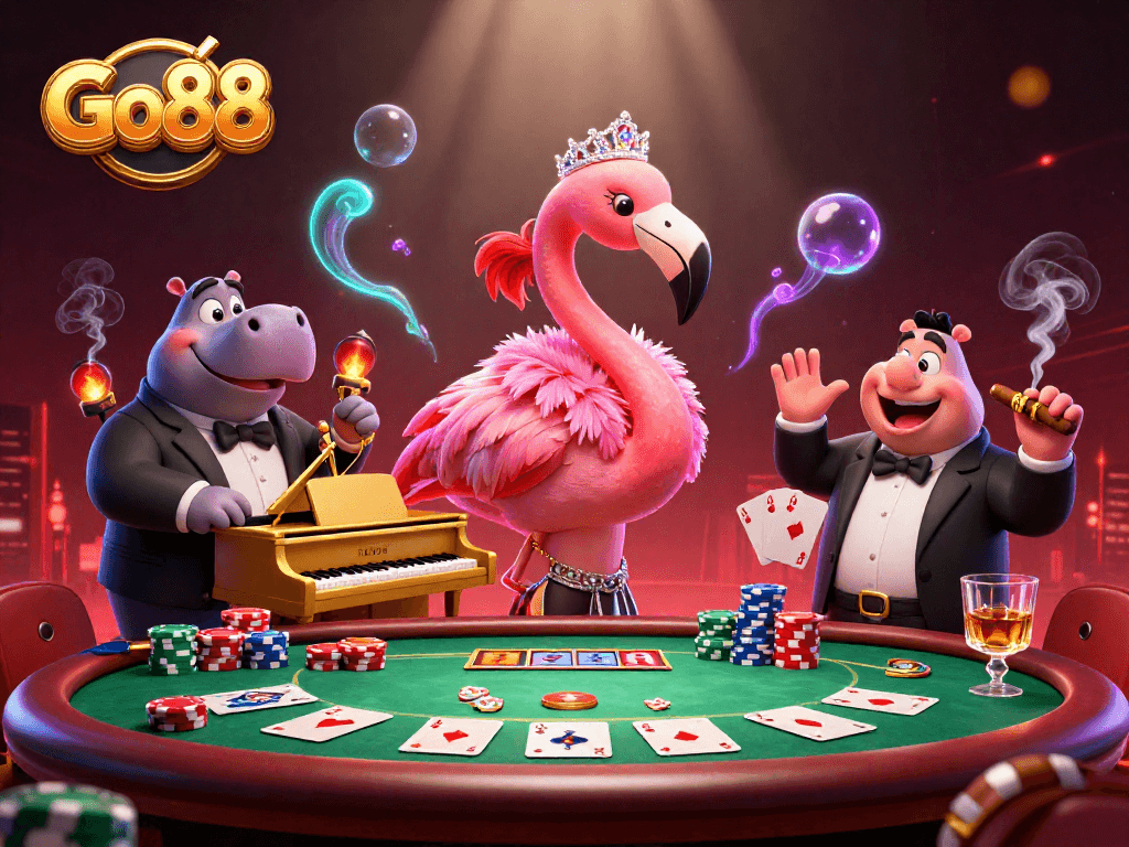Engage with Go88's vibrant 3D casino scene featuring a flamingo singer and hippo bassist surrounded by poker elements.