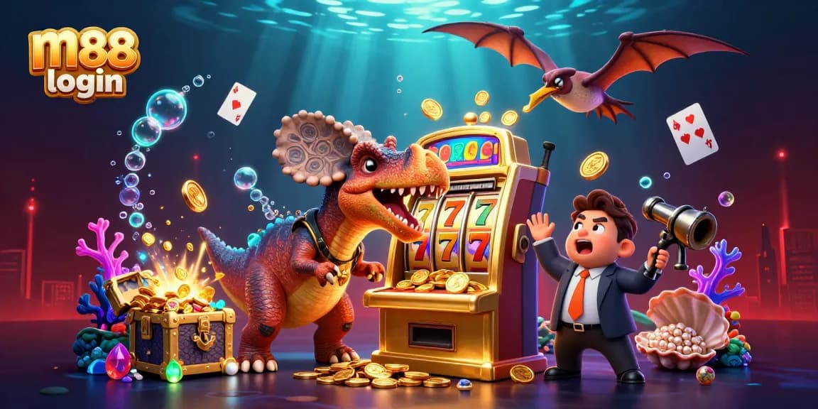 Experience the thrill of m88 login as a pachycephalosaurus hits a jackpot, coins flying!