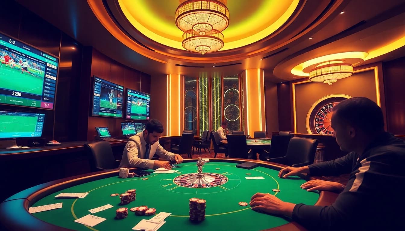 A sophisticated sports betting scene showcasing Agen Judi Bola with vibrant displays and elegant casino elements.