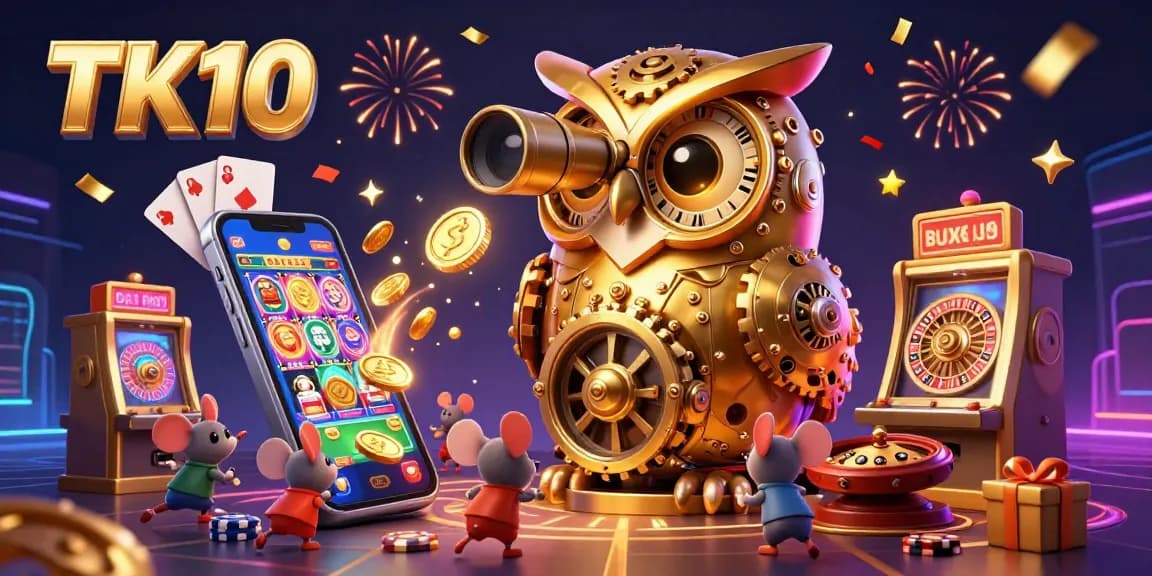 Engage with the vibrant casino world of TK10 featuring a golden owl and exciting slot game action.