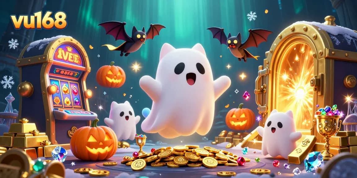 Engage with the vibrant world of vu168, where a ghostly cat and bat explore a haunted casino filled with treasures.