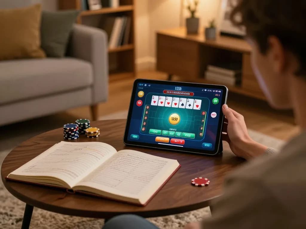 Person engaging in 123B online poker game, showcasing strategic betting and comfortable home setup.