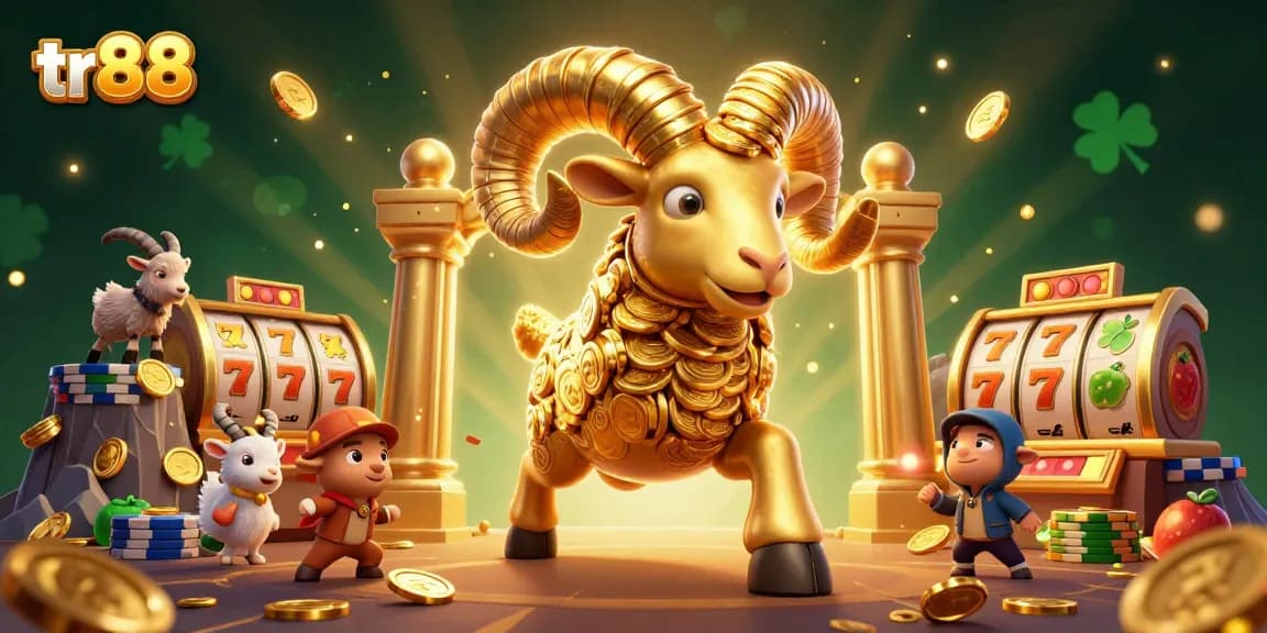 Spin jackpots at tr88 with colorful slot reels and golden ram charging through the gates.