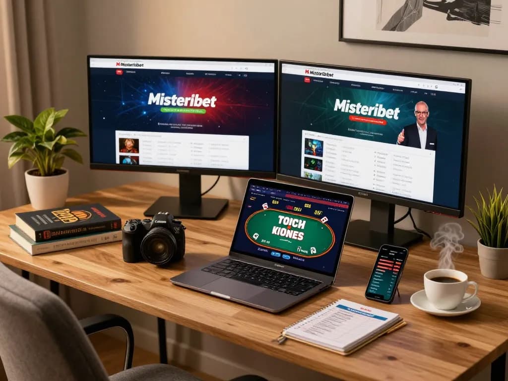 Misteribet online gaming setup with dual monitors showing poker and betting odds in a cozy room.