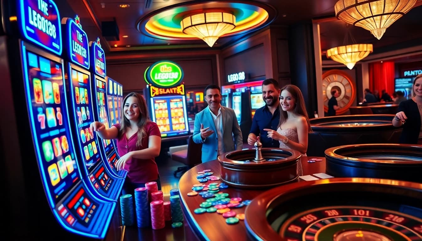 Engaging players enjoying the thrilling LEGO138 slot machines in a vibrant casino setting.