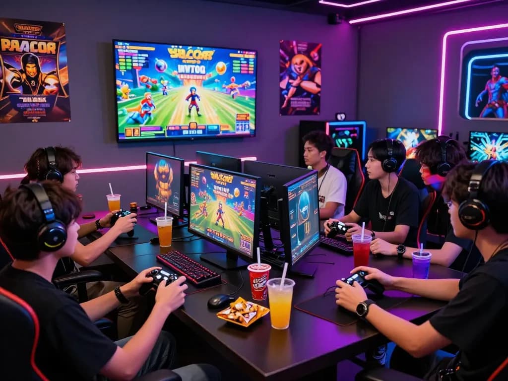 Excited players enjoying slot gacor hari ini games in a vibrant gaming lounge, showcasing a lively atmosphere with modern gaming setups.