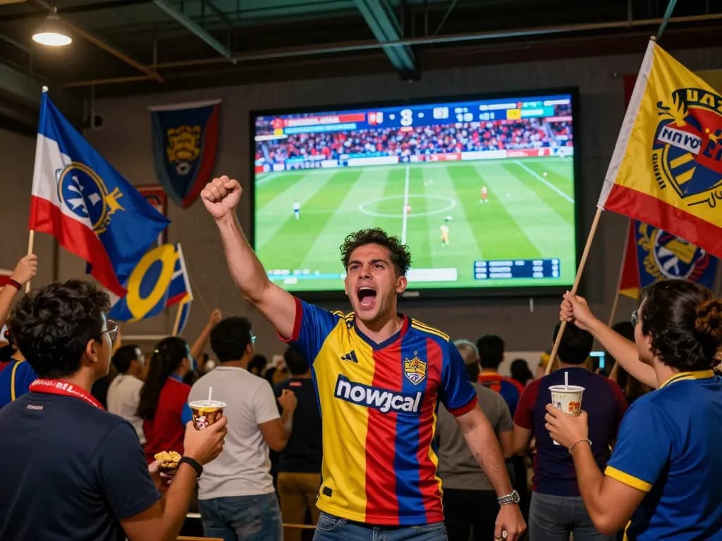 Excited soccer fan cheering for live Nowgoal scores in a vibrant stadium.
