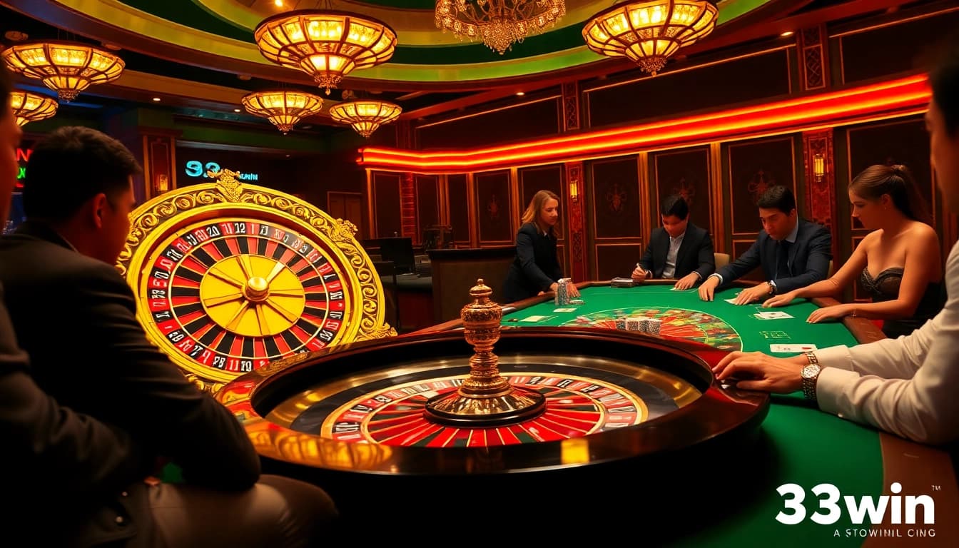 Players enjoying high-stakes games at 33win's luxurious casino with roulette and poker.