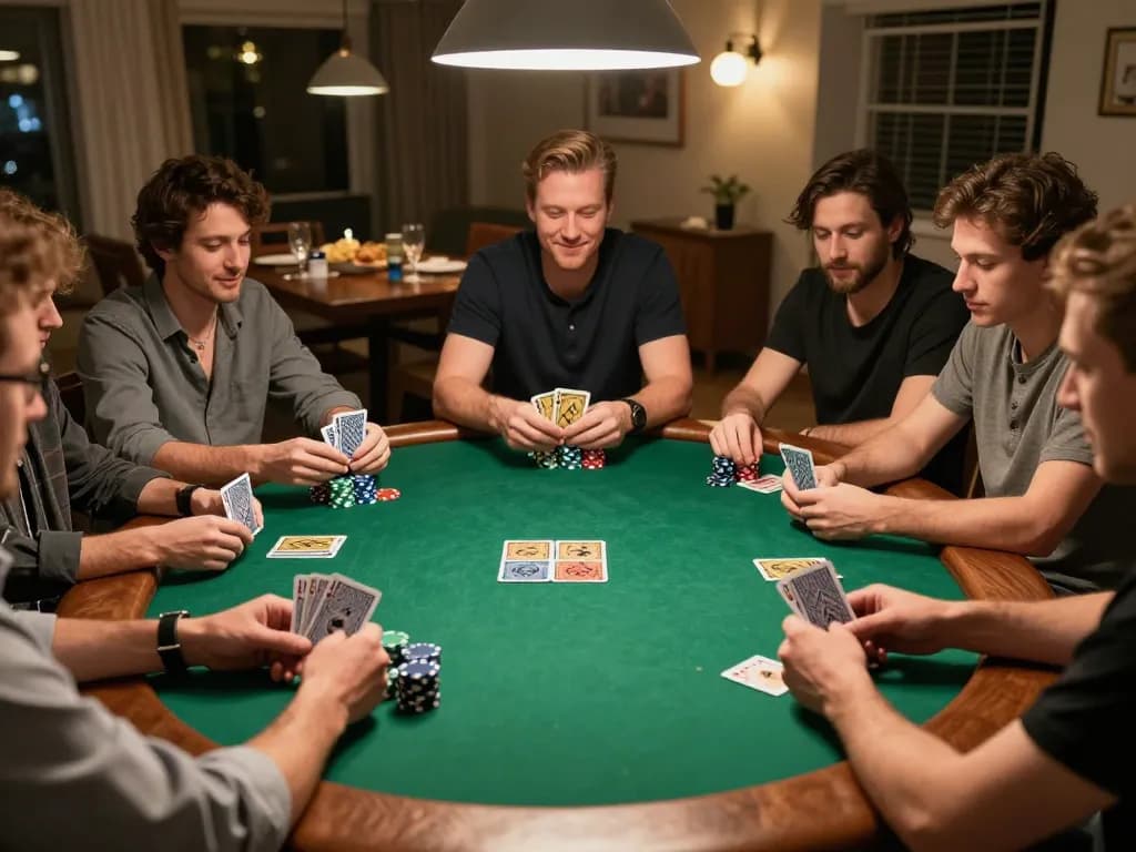 Friends enjoying a vibrant poker night at home, showcasing strategic moves while playing fabet.