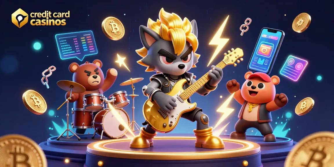 Experience the excitement at credit card casinos with vibrant characters and neon game elements.