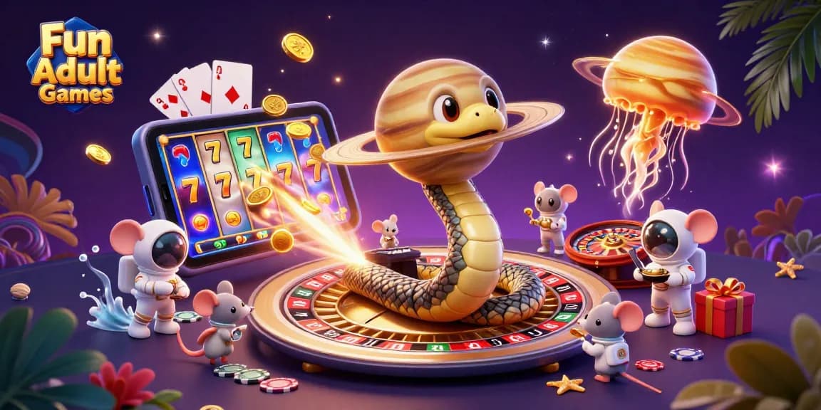 Engaging scene of Fun Adult Games featuring colorful slots, roulette, and playful characters