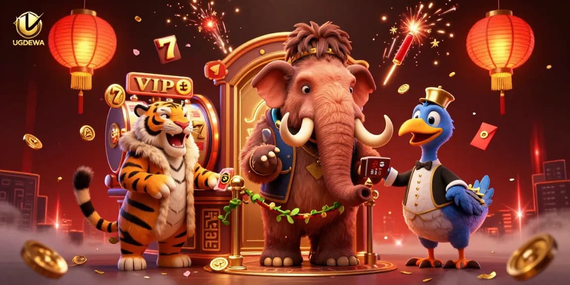 Engage with UGDEWA's vibrant casino scene featuring characters, slot reels, and festive decorations.