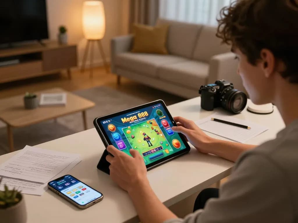 Mega 888 player engaged in online gaming on a tablet at home, highlighting strategic betting notes.