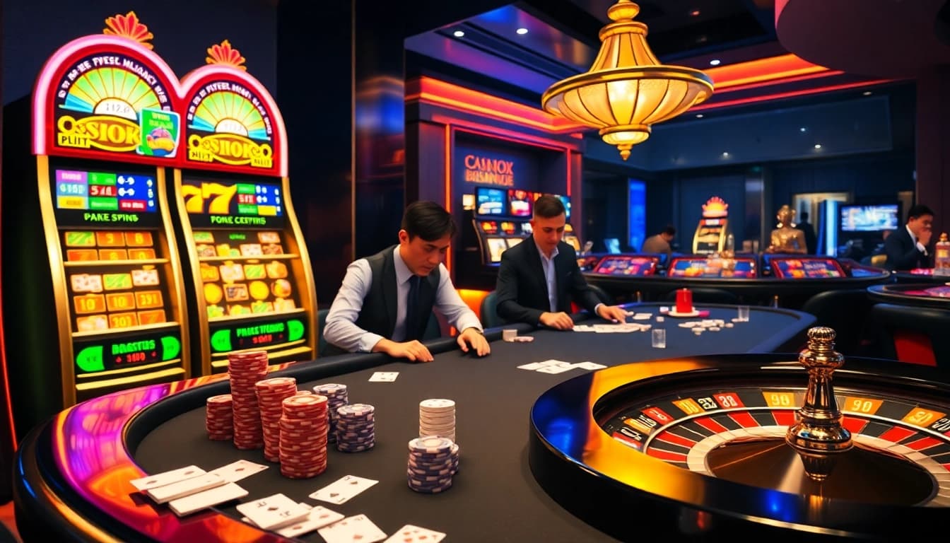 Engage with the thrilling atmosphere of 99OK casino games featuring vibrant poker and roulette tables.