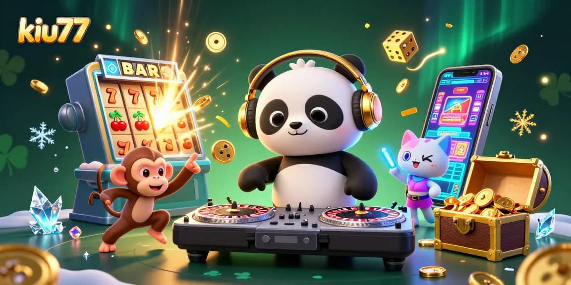 Engage in thrilling gameplay at kiu77 with a lively scene of gaming characters amidst vibrant casino elements.