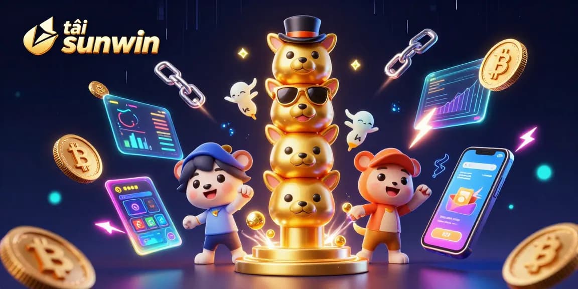 Experience thrilling gameplay with tải sunwin, featuring a vibrant 3D cartoon illustration of a golden totem and crypto elements.