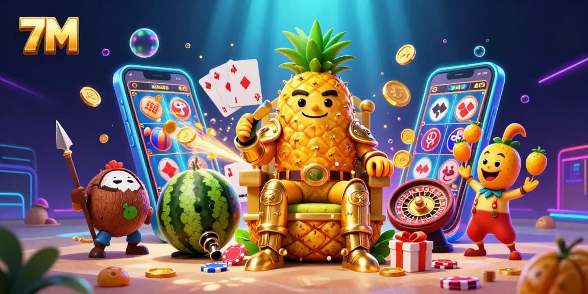 Bet on 7M's vibrant scene showcasing dynamic casino action with a cartoon pineapple king and fun gaming elements.