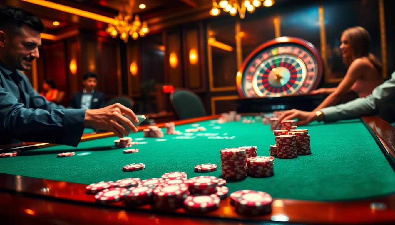 Exciting casino scene with vibrant poker chips around a dealer at https://pxjthailand.org/, capturing the thrill of gambling.