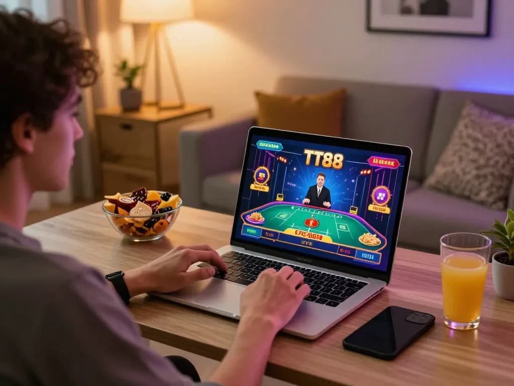 Engaging scene of a player enjoying TT88 live casino games on a laptop in a cozy home setup
