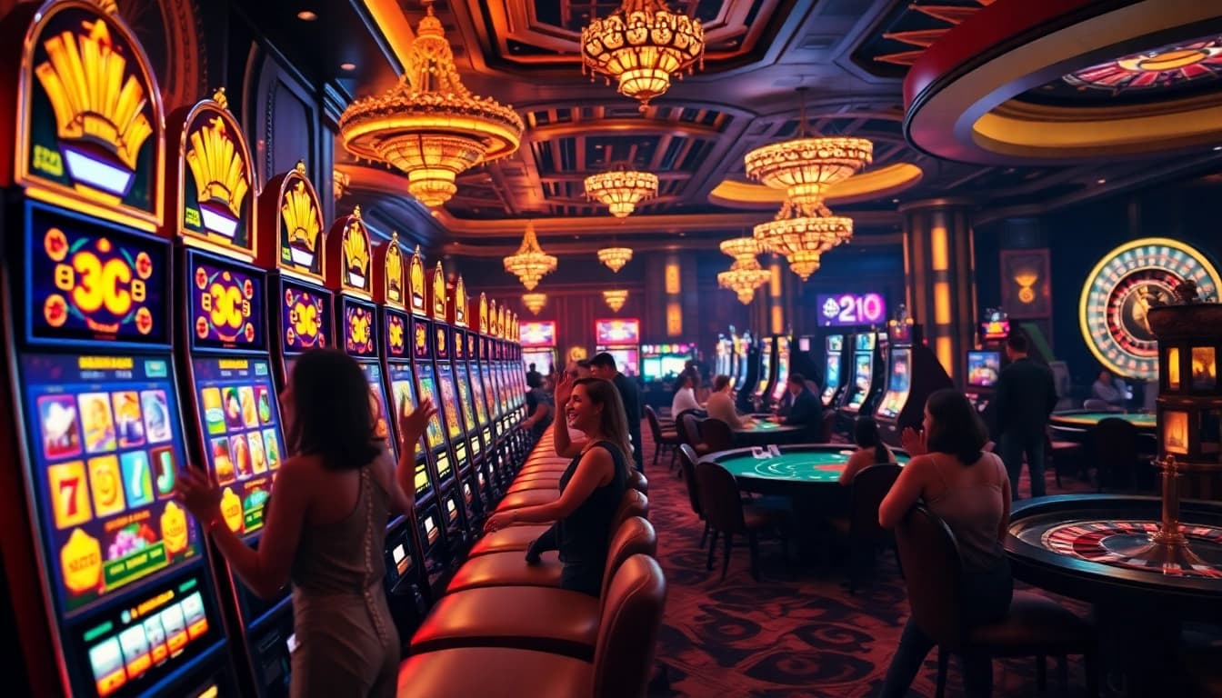 Players celebrating wins at slot machines featuring a slot bonus new member 100% promotion in a luxurious casino atmosphere.